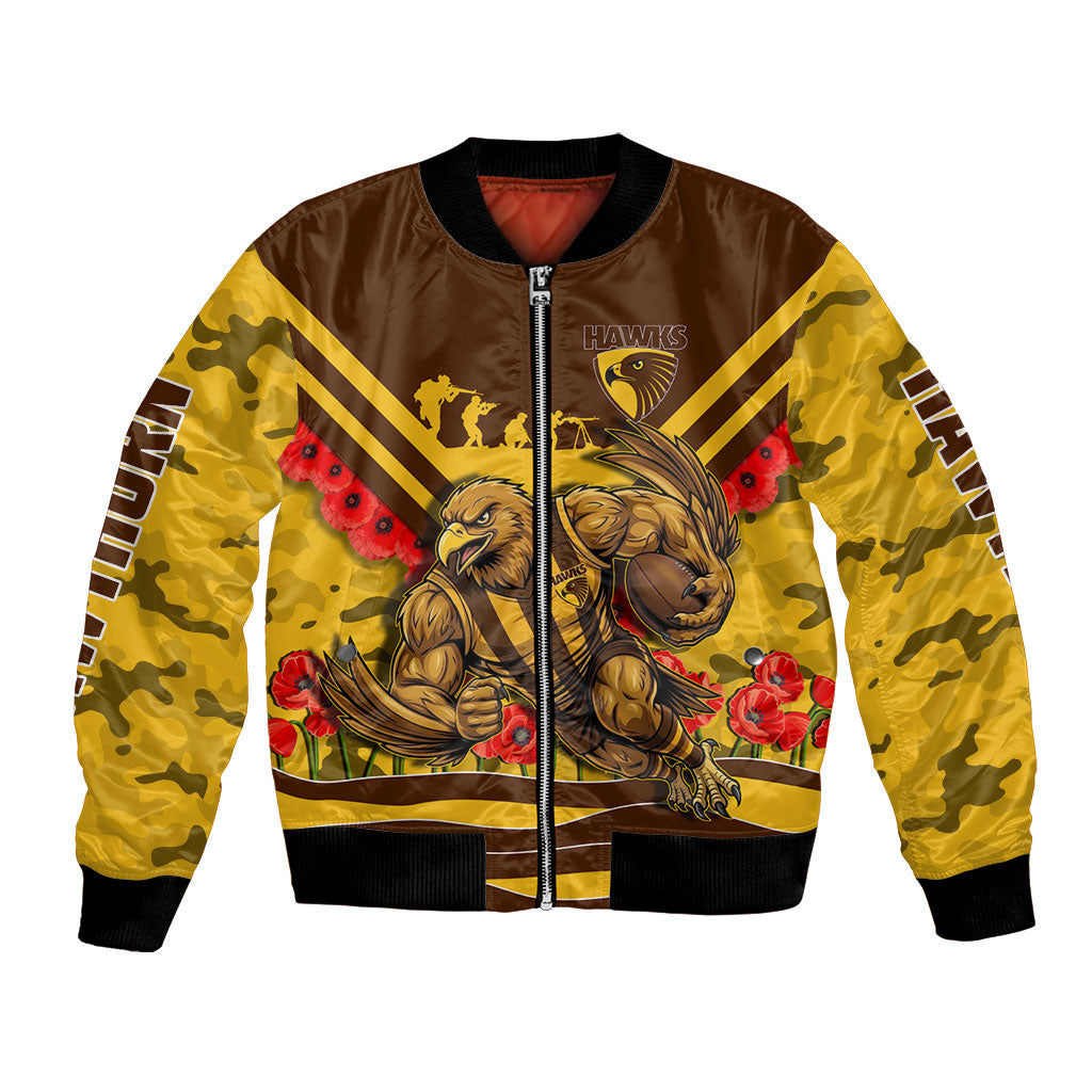 Personalised Hawthorn Hawks ANZAC Bomber Jacket Military Remembrance Australian Football Mascot Camouflage
