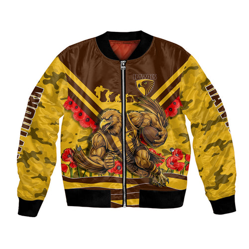Personalised Hawthorn Hawks ANZAC Bomber Jacket Military Remembrance Australian Football Mascot Camouflage