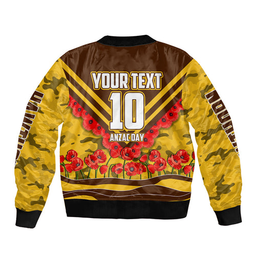 Personalised Hawthorn Hawks ANZAC Bomber Jacket Military Remembrance Australian Football Mascot Camouflage