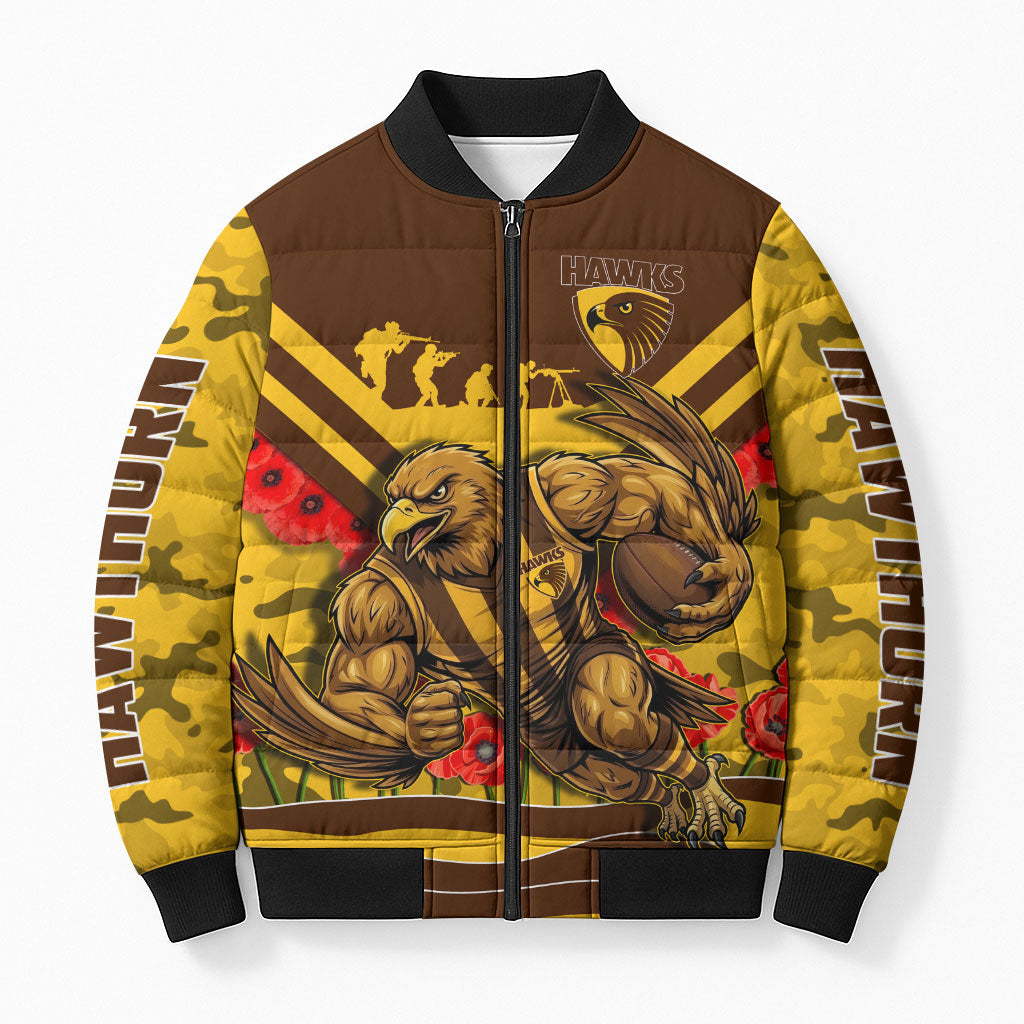 Personalised Hawthorn Hawks ANZAC Bomber Puffer Jacket Military Remembrance Australian Football Mascot Camouflage