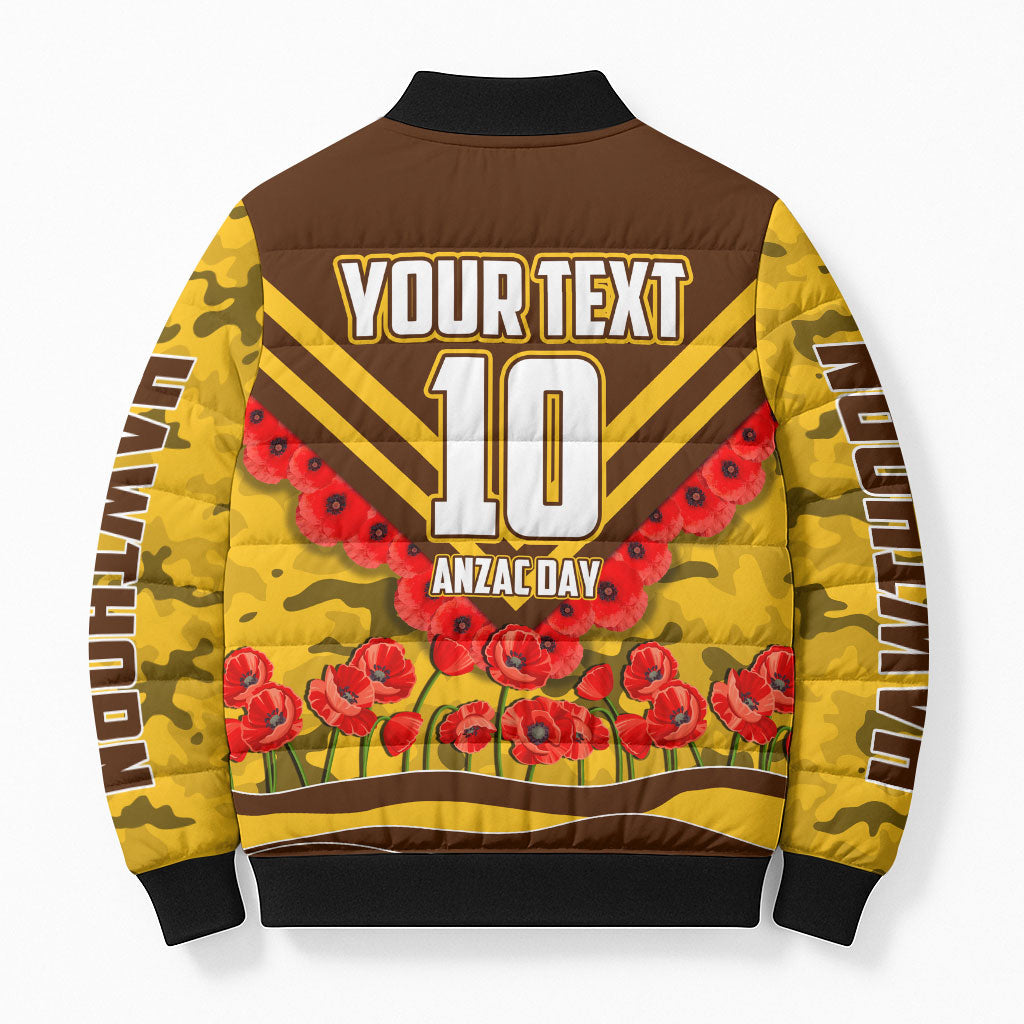Personalised Hawthorn Hawks ANZAC Bomber Puffer Jacket Military Remembrance Australian Football Mascot Camouflage