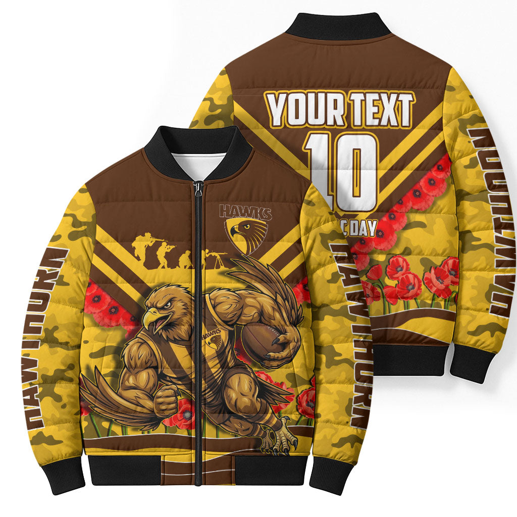 Personalised Hawthorn Hawks ANZAC Bomber Puffer Jacket Military Remembrance Australian Football Mascot Camouflage