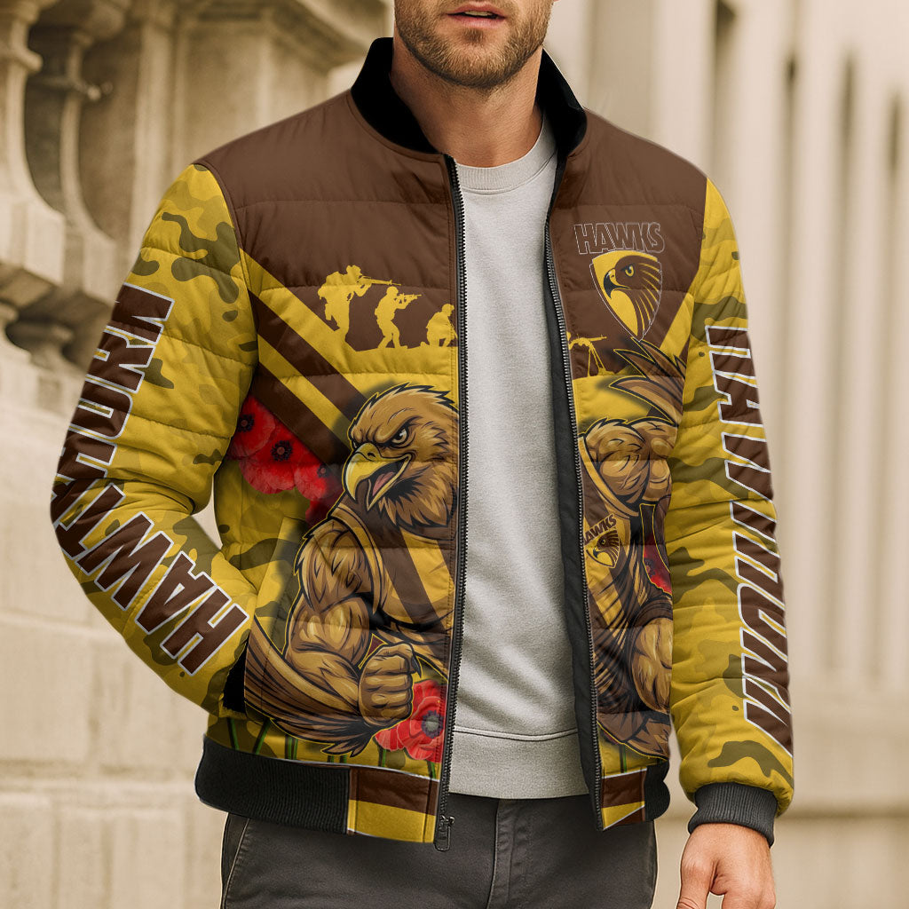 Personalised Hawthorn Hawks ANZAC Bomber Puffer Jacket Military Remembrance Australian Football Mascot Camouflage