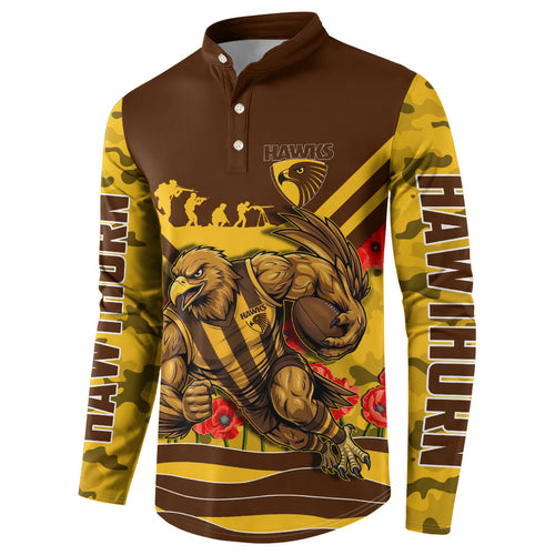 Personalised Hawthorn Hawks ANZAC Button Sweatshirt Military Remembrance Australian Football Mascot Camouflage