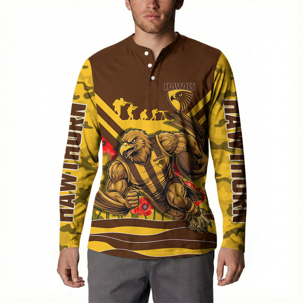 Personalised Hawthorn Hawks ANZAC Button Sweatshirt Military Remembrance Australian Football Mascot Camouflage