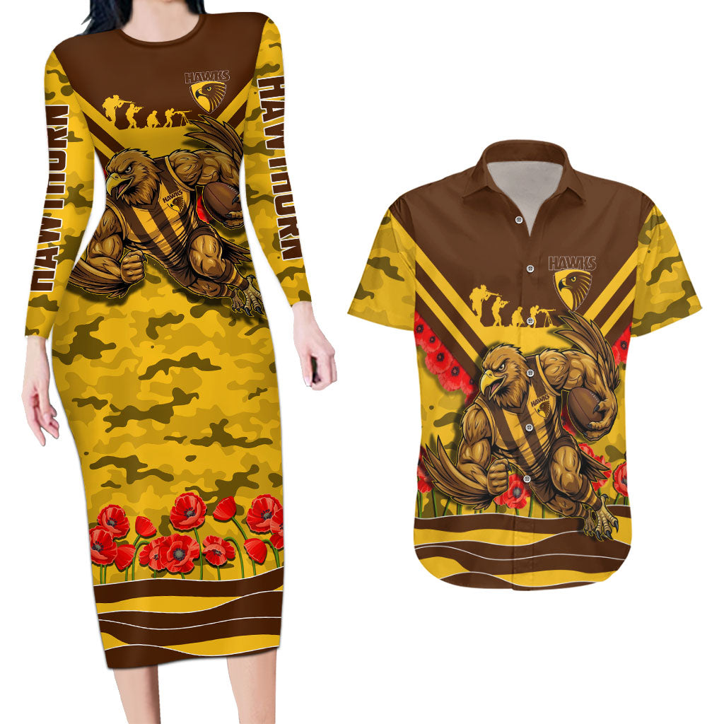 Personalised Hawthorn Hawks ANZAC Couples Matching Long Sleeve Bodycon Dress and Hawaiian Shirt Military Remembrance Australian Football Mascot Camouflage