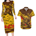 Personalised Hawthorn Hawks ANZAC Couples Matching Long Sleeve Bodycon Dress and Hawaiian Shirt Military Remembrance Australian Football Mascot Camouflage