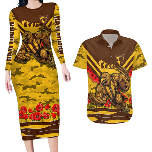 Personalised Hawthorn Hawks ANZAC Couples Matching Long Sleeve Bodycon Dress and Hawaiian Shirt Military Remembrance Australian Football Mascot Camouflage