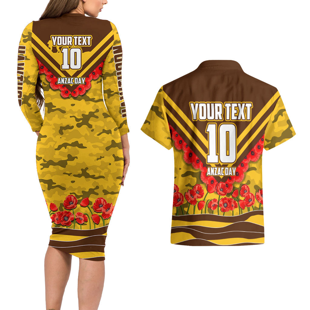 Personalised Hawthorn Hawks ANZAC Couples Matching Long Sleeve Bodycon Dress and Hawaiian Shirt Military Remembrance Australian Football Mascot Camouflage