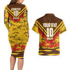 Personalised Hawthorn Hawks ANZAC Couples Matching Long Sleeve Bodycon Dress and Hawaiian Shirt Military Remembrance Australian Football Mascot Camouflage