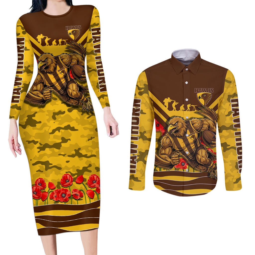 Personalised Hawthorn Hawks ANZAC Couples Matching Long Sleeve Bodycon Dress and Long Sleeve Button Shirt Military Remembrance Australian Football Mascot Camouflage