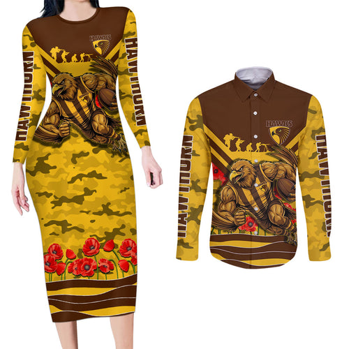 Personalised Hawthorn Hawks ANZAC Couples Matching Long Sleeve Bodycon Dress and Long Sleeve Button Shirt Military Remembrance Australian Football Mascot Camouflage