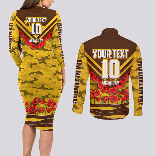 Personalised Hawthorn Hawks ANZAC Couples Matching Long Sleeve Bodycon Dress and Long Sleeve Button Shirt Military Remembrance Australian Football Mascot Camouflage