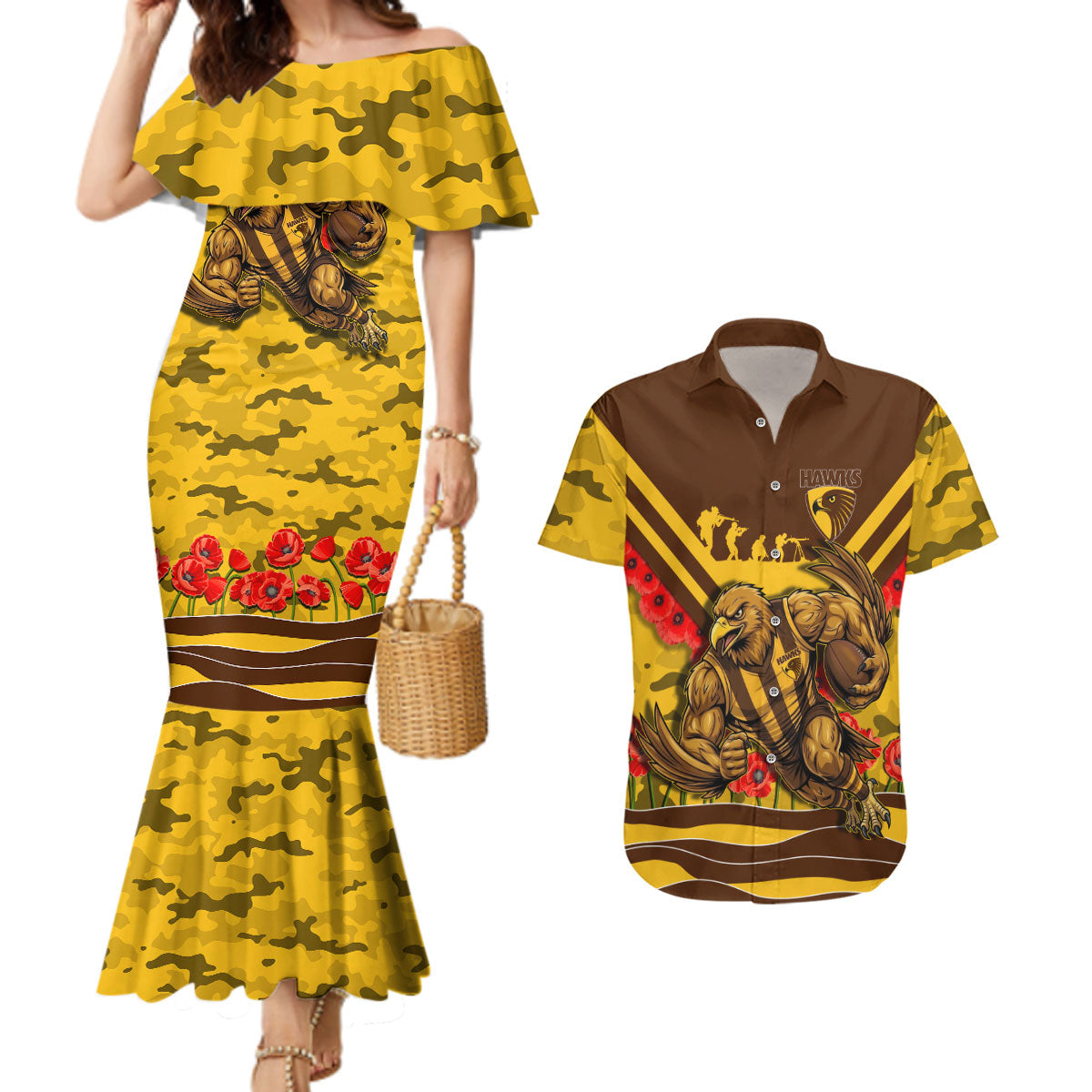 Personalised Hawthorn Hawks ANZAC Couples Matching Mermaid Dress and Hawaiian Shirt Military Remembrance Australian Football Mascot Camouflage