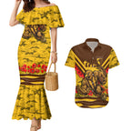 Personalised Hawthorn Hawks ANZAC Couples Matching Mermaid Dress and Hawaiian Shirt Military Remembrance Australian Football Mascot Camouflage