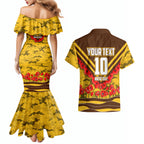 Personalised Hawthorn Hawks ANZAC Couples Matching Mermaid Dress and Hawaiian Shirt Military Remembrance Australian Football Mascot Camouflage