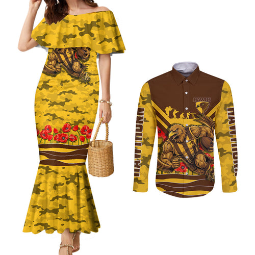 Personalised Hawthorn Hawks ANZAC Couples Matching Mermaid Dress and Long Sleeve Button Shirt Military Remembrance Australian Football Mascot Camouflage
