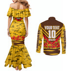 Personalised Hawthorn Hawks ANZAC Couples Matching Mermaid Dress and Long Sleeve Button Shirt Military Remembrance Australian Football Mascot Camouflage