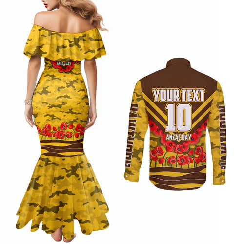 Personalised Hawthorn Hawks ANZAC Couples Matching Mermaid Dress and Long Sleeve Button Shirt Military Remembrance Australian Football Mascot Camouflage