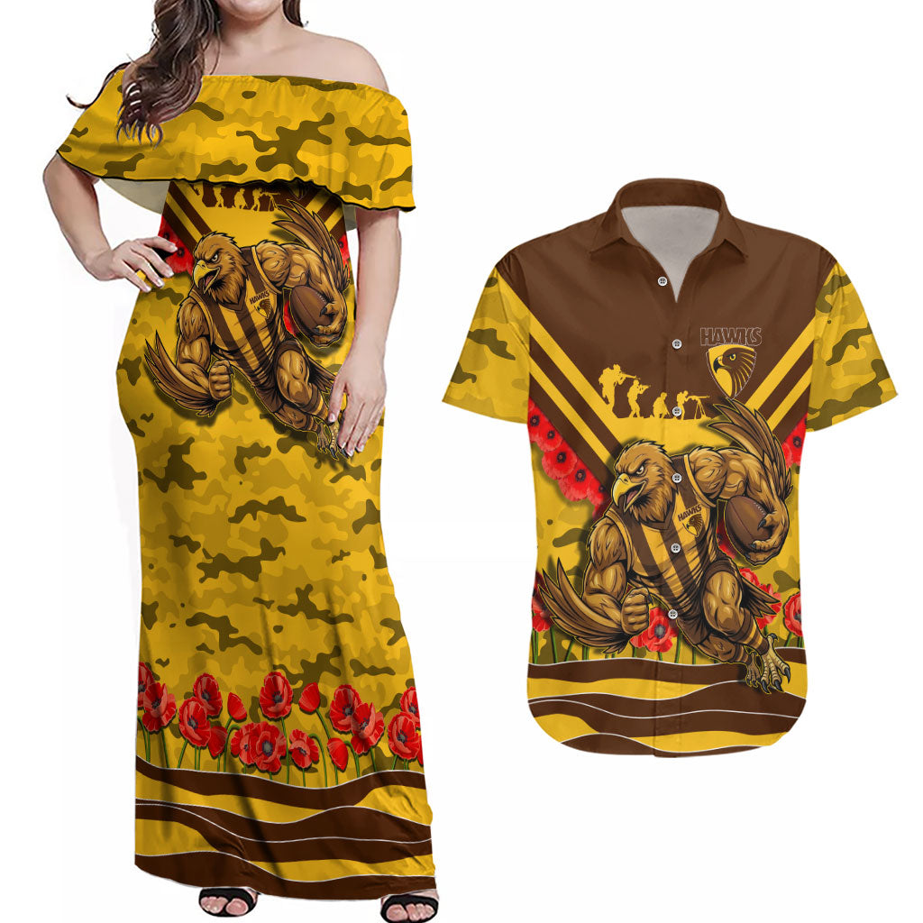 Personalised Hawthorn Hawks ANZAC Couples Matching Off Shoulder Maxi Dress and Hawaiian Shirt Military Remembrance Australian Football Mascot Camouflage