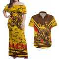 Personalised Hawthorn Hawks ANZAC Couples Matching Off Shoulder Maxi Dress and Hawaiian Shirt Military Remembrance Australian Football Mascot Camouflage