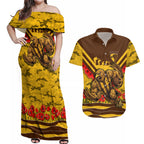Personalised Hawthorn Hawks ANZAC Couples Matching Off Shoulder Maxi Dress and Hawaiian Shirt Military Remembrance Australian Football Mascot Camouflage