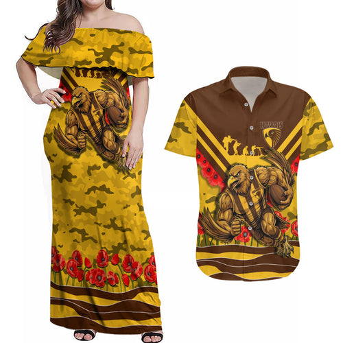 Personalised Hawthorn Hawks ANZAC Couples Matching Off Shoulder Maxi Dress and Hawaiian Shirt Military Remembrance Australian Football Mascot Camouflage