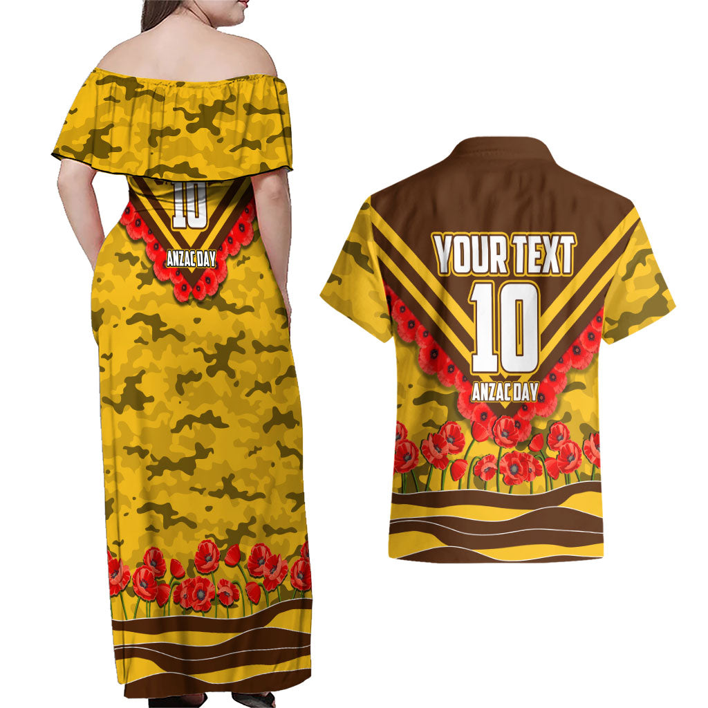 Personalised Hawthorn Hawks ANZAC Couples Matching Off Shoulder Maxi Dress and Hawaiian Shirt Military Remembrance Australian Football Mascot Camouflage