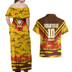 Personalised Hawthorn Hawks ANZAC Couples Matching Off Shoulder Maxi Dress and Hawaiian Shirt Military Remembrance Australian Football Mascot Camouflage