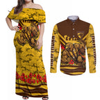 Personalised Hawthorn Hawks ANZAC Couples Matching Off Shoulder Maxi Dress and Long Sleeve Button Shirt Military Remembrance Australian Football Mascot Camouflage