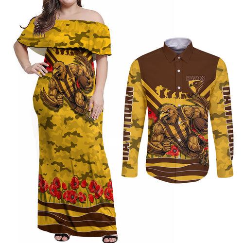 Personalised Hawthorn Hawks ANZAC Couples Matching Off Shoulder Maxi Dress and Long Sleeve Button Shirt Military Remembrance Australian Football Mascot Camouflage
