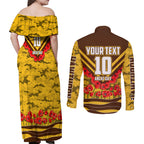 Personalised Hawthorn Hawks ANZAC Couples Matching Off Shoulder Maxi Dress and Long Sleeve Button Shirt Military Remembrance Australian Football Mascot Camouflage