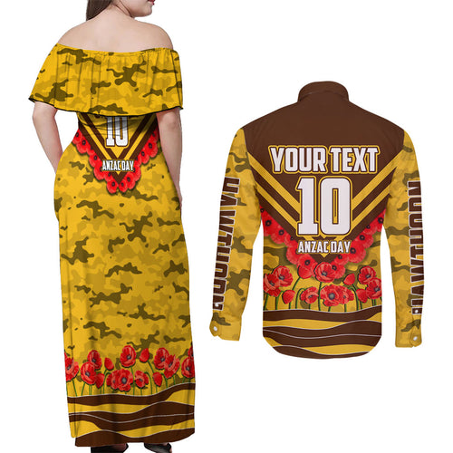 Personalised Hawthorn Hawks ANZAC Couples Matching Off Shoulder Maxi Dress and Long Sleeve Button Shirt Military Remembrance Australian Football Mascot Camouflage