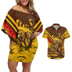 Personalised Hawthorn Hawks ANZAC Couples Matching Off Shoulder Short Dress and Hawaiian Shirt Military Remembrance Australian Football Mascot Camouflage