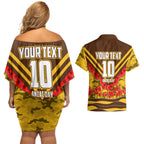 Personalised Hawthorn Hawks ANZAC Couples Matching Off Shoulder Short Dress and Hawaiian Shirt Military Remembrance Australian Football Mascot Camouflage