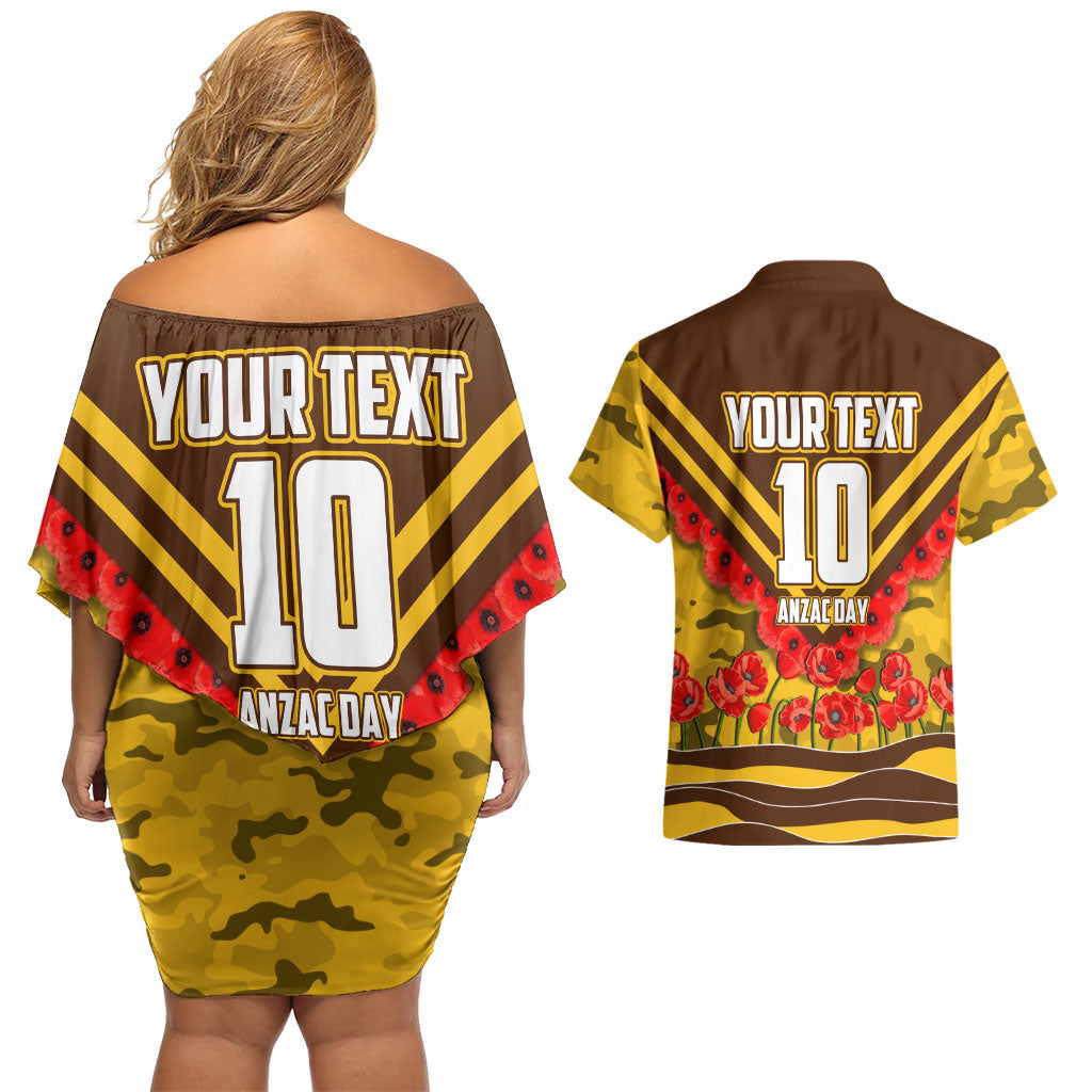 Personalised Hawthorn Hawks ANZAC Couples Matching Off Shoulder Short Dress and Hawaiian Shirt Military Remembrance Australian Football Mascot Camouflage