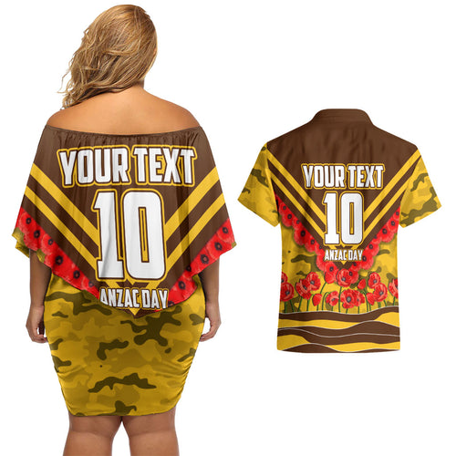 Personalised Hawthorn Hawks ANZAC Couples Matching Off Shoulder Short Dress and Hawaiian Shirt Military Remembrance Australian Football Mascot Camouflage
