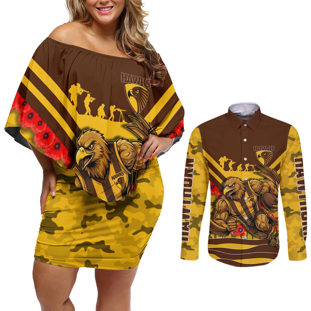 Personalised Hawthorn Hawks ANZAC Couples Matching Off Shoulder Short Dress and Long Sleeve Button Shirt Military Remembrance Australian Football Mascot Camouflage
