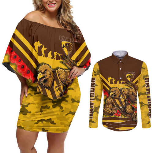 Personalised Hawthorn Hawks ANZAC Couples Matching Off Shoulder Short Dress and Long Sleeve Button Shirt Military Remembrance Australian Football Mascot Camouflage