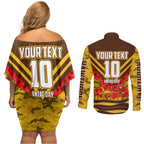 Personalised Hawthorn Hawks ANZAC Couples Matching Off Shoulder Short Dress and Long Sleeve Button Shirt Military Remembrance Australian Football Mascot Camouflage
