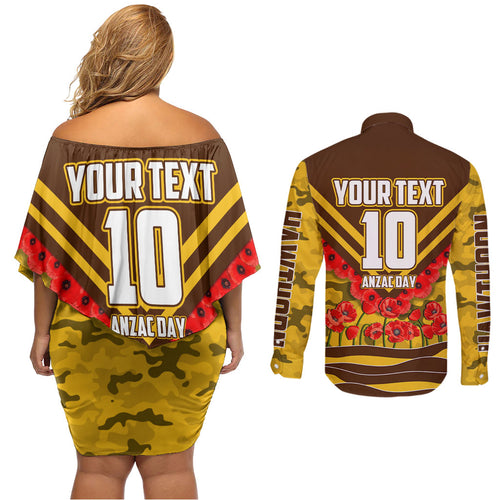 Personalised Hawthorn Hawks ANZAC Couples Matching Off Shoulder Short Dress and Long Sleeve Button Shirt Military Remembrance Australian Football Mascot Camouflage