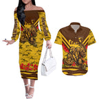 Personalised Hawthorn Hawks ANZAC Couples Matching Off The Shoulder Long Sleeve Dress and Hawaiian Shirt Military Remembrance Australian Football Mascot Camouflage