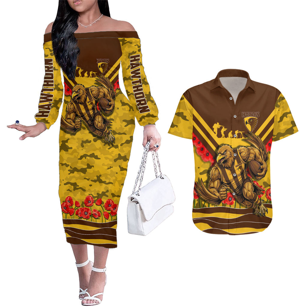 Personalised Hawthorn Hawks ANZAC Couples Matching Off The Shoulder Long Sleeve Dress and Hawaiian Shirt Military Remembrance Australian Football Mascot Camouflage