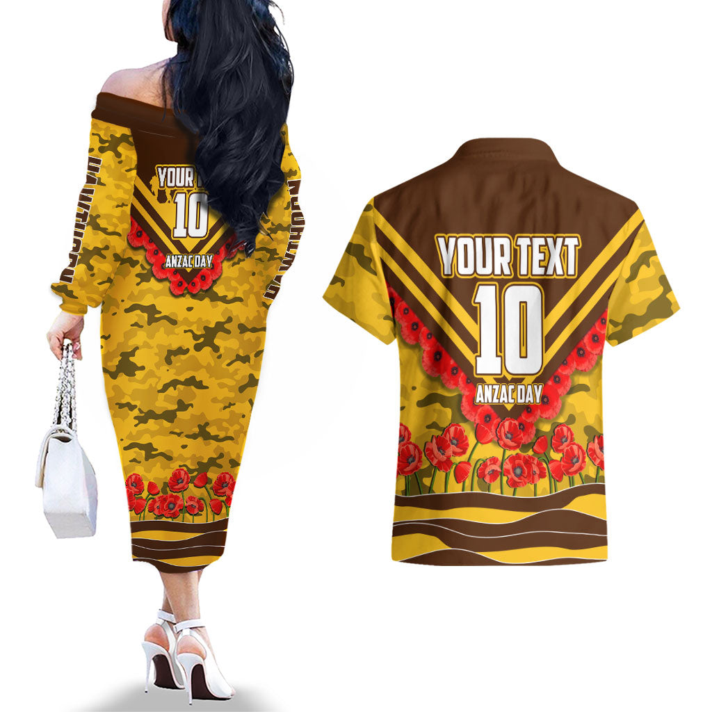 Personalised Hawthorn Hawks ANZAC Couples Matching Off The Shoulder Long Sleeve Dress and Hawaiian Shirt Military Remembrance Australian Football Mascot Camouflage