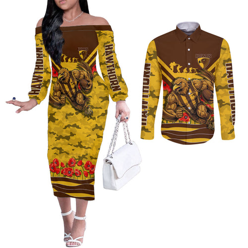 Personalised Hawthorn Hawks ANZAC Couples Matching Off The Shoulder Long Sleeve Dress and Long Sleeve Button Shirt Military Remembrance Australian Football Mascot Camouflage