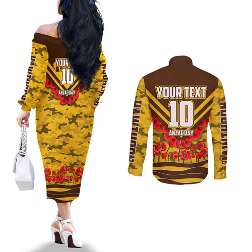 Personalised Hawthorn Hawks ANZAC Couples Matching Off The Shoulder Long Sleeve Dress and Long Sleeve Button Shirt Military Remembrance Australian Football Mascot Camouflage