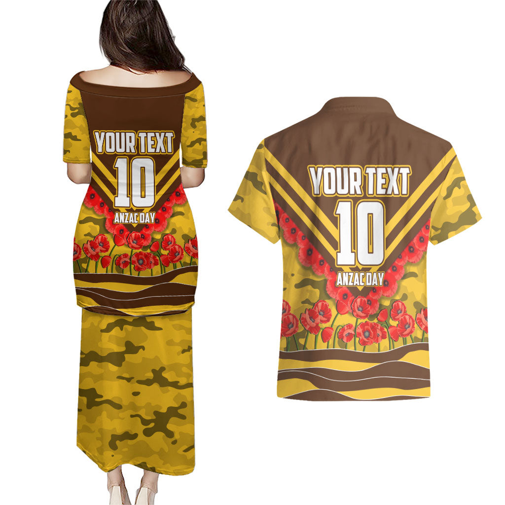 Personalised Hawthorn Hawks ANZAC Couples Matching Puletasi and Hawaiian Shirt Military Remembrance Australian Football Mascot Camouflage