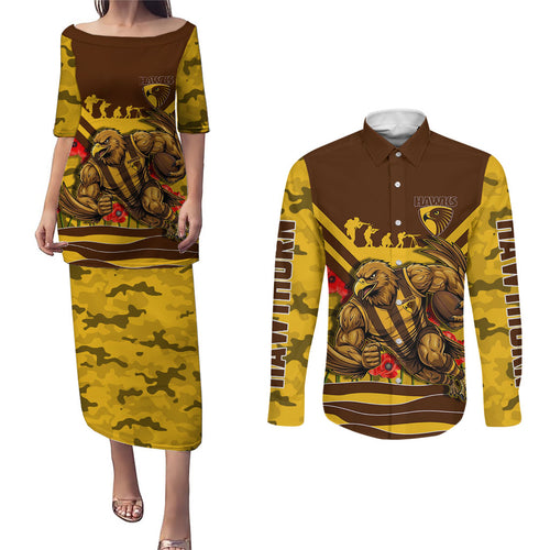 Personalised Hawthorn Hawks ANZAC Couples Matching Puletasi and Long Sleeve Button Shirt Military Remembrance Australian Football Mascot Camouflage