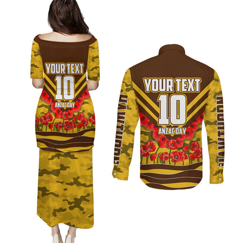 Personalised Hawthorn Hawks ANZAC Couples Matching Puletasi and Long Sleeve Button Shirt Military Remembrance Australian Football Mascot Camouflage