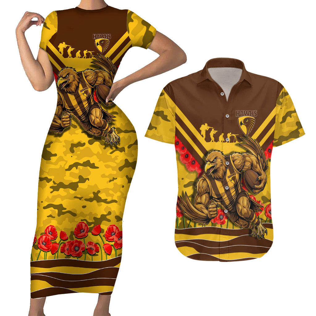 Personalised Hawthorn Hawks ANZAC Couples Matching Short Sleeve Bodycon Dress and Hawaiian Shirt Military Remembrance Australian Football Mascot Camouflage
